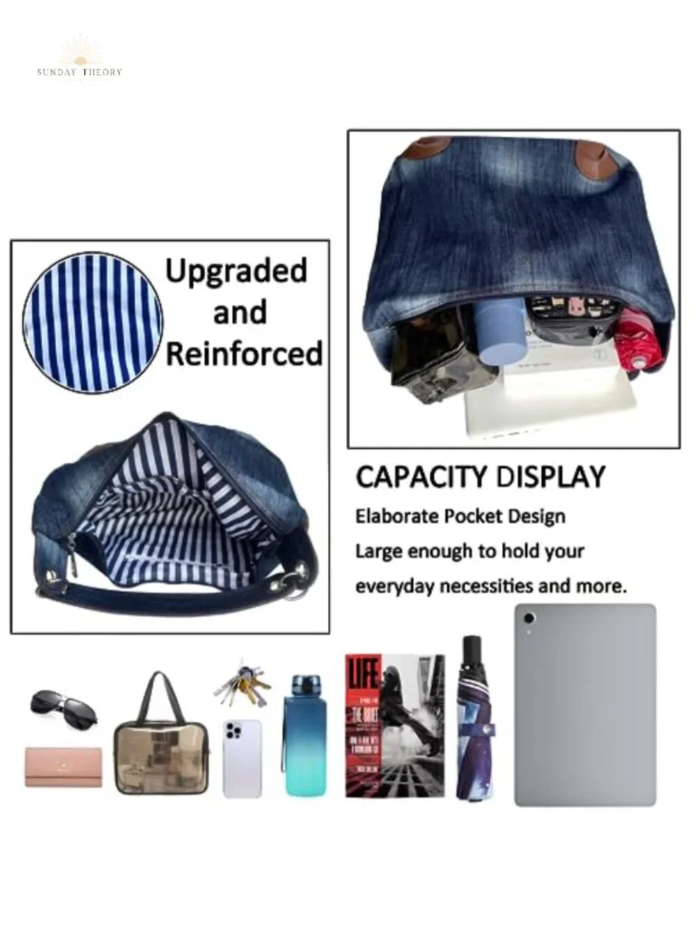 Denim Handbag Women Jean Purse Multiple Pockets Tote Hobo Crossbody